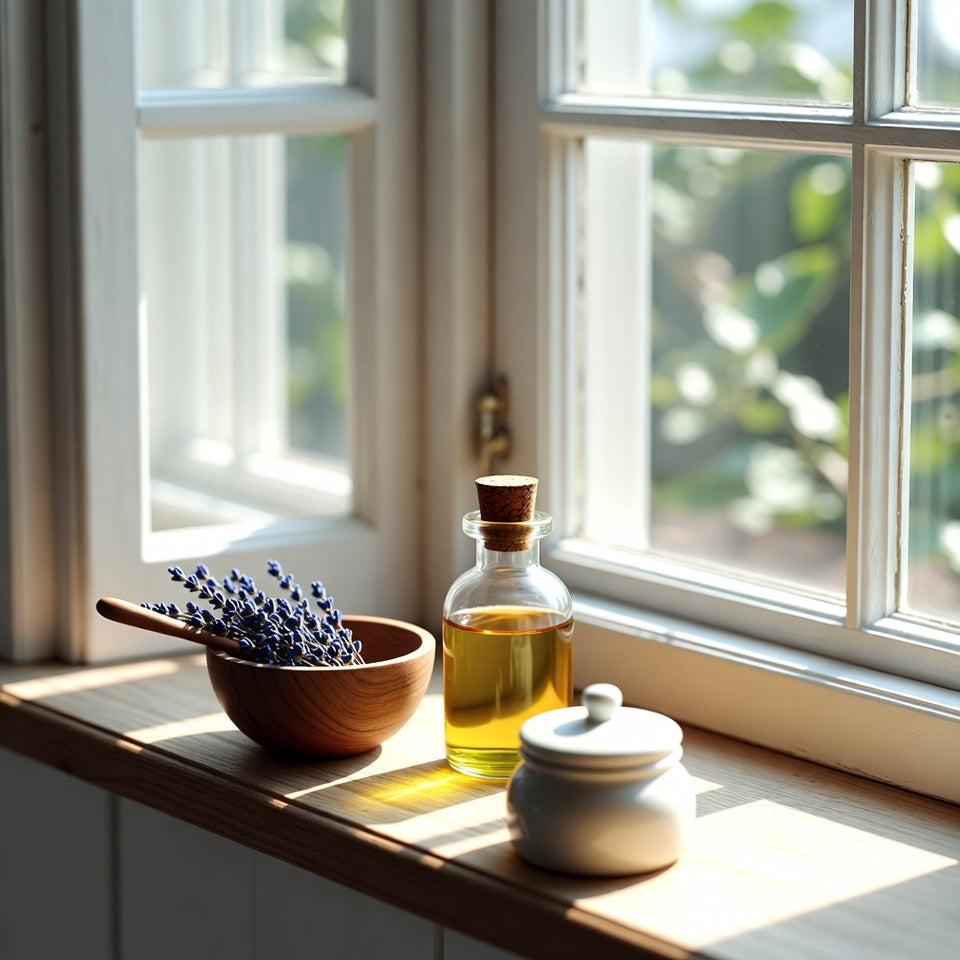 Quanta Vine organic beauty and personal care essentials, serene Nordic tools in soft light, fostering mindful balance and gentle self-care rituals.