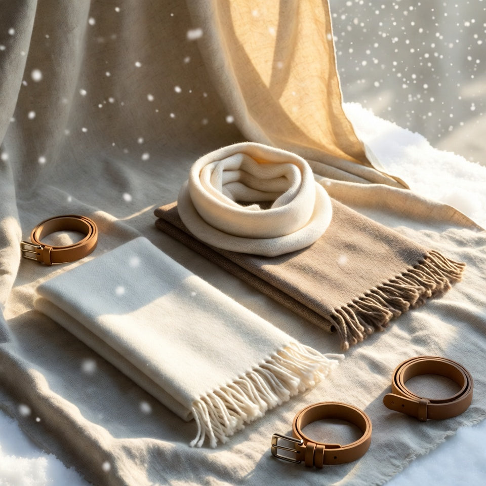 Quanta Vine minimalist fashion accessories, eco-friendly scarves and belts in soft Nordic light, blending balanced style with everyday elegance.