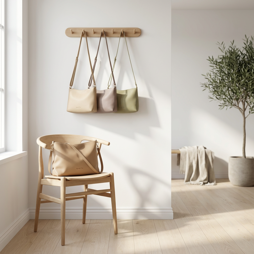 Quanta Vine minimalist crossbody bags with slim straps hanging on a simple wooden rack in a clean Nordic room, with soft fabric touches for a cozy feel.
