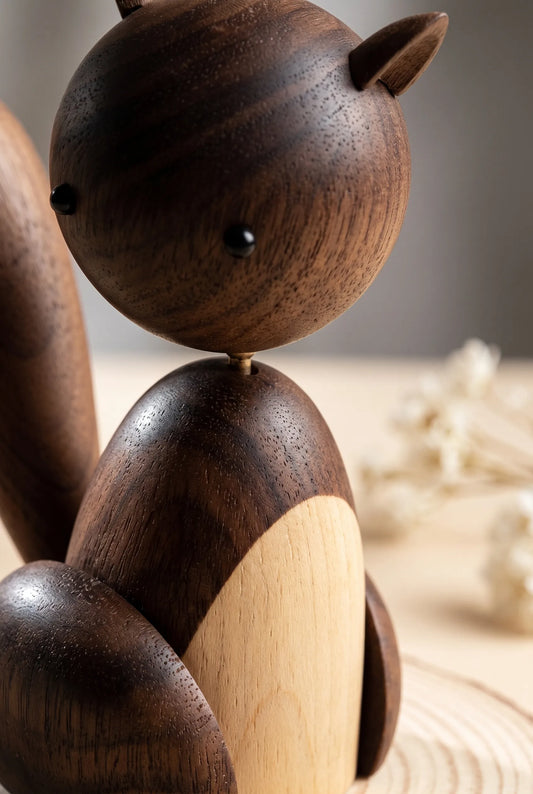 Nordic black walnut squirrel sculpture in macro view, showing polished grain across its rounded surface.