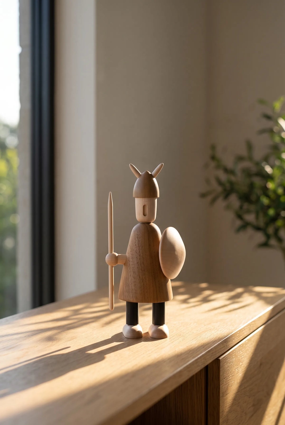 Nordic Mythos Viking Wood Sculpture crafted from Solid Teak and Natural Maple Wood, showing authentic material saturation under 45-degree lateral golden hour illumination.