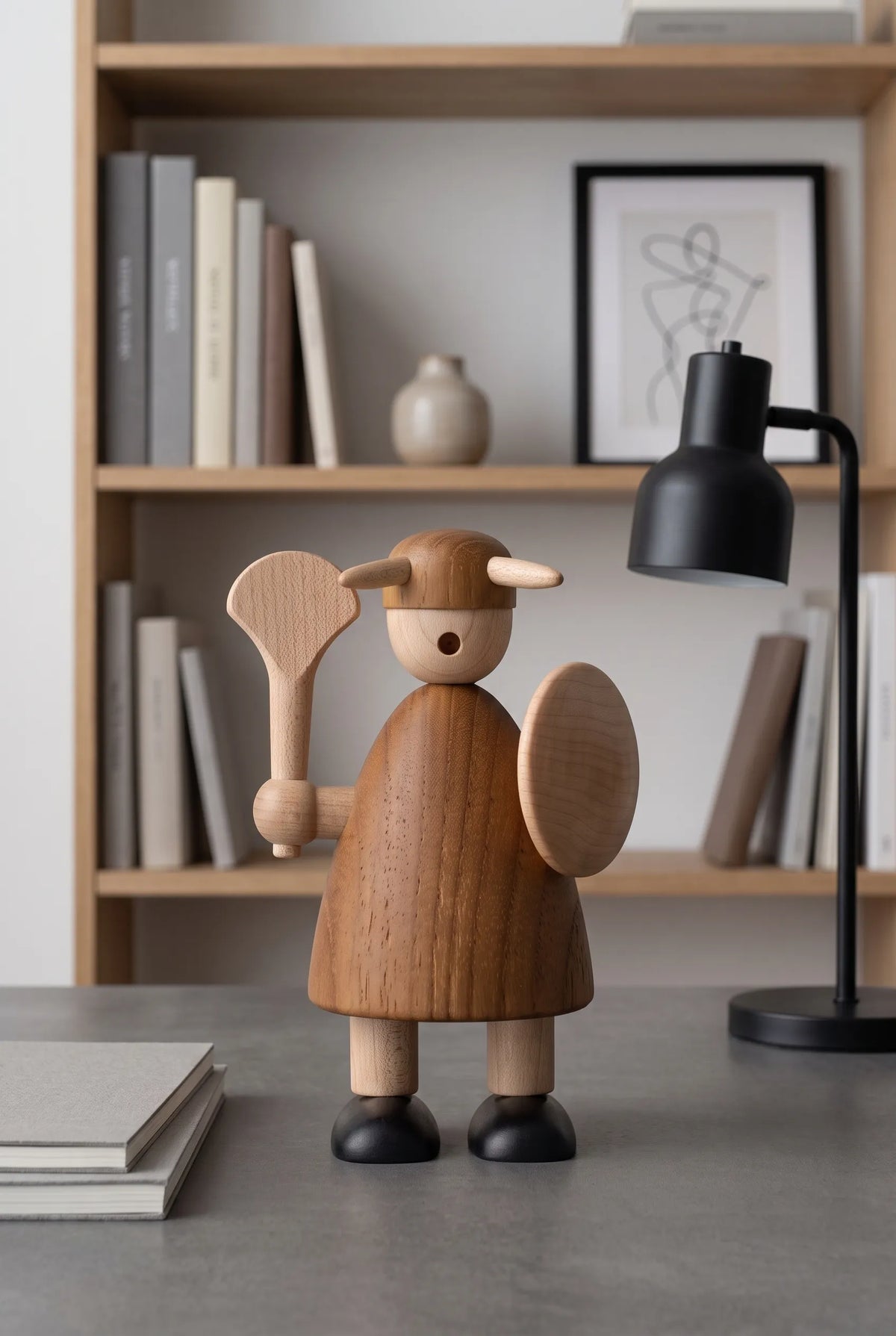 Nordic Mythos Viking Wood Sculpture crafted from Solid Teak and Natural Maple Wood with glare-free matte finish, positioned in a minimalist workspace with muted environmental tones.