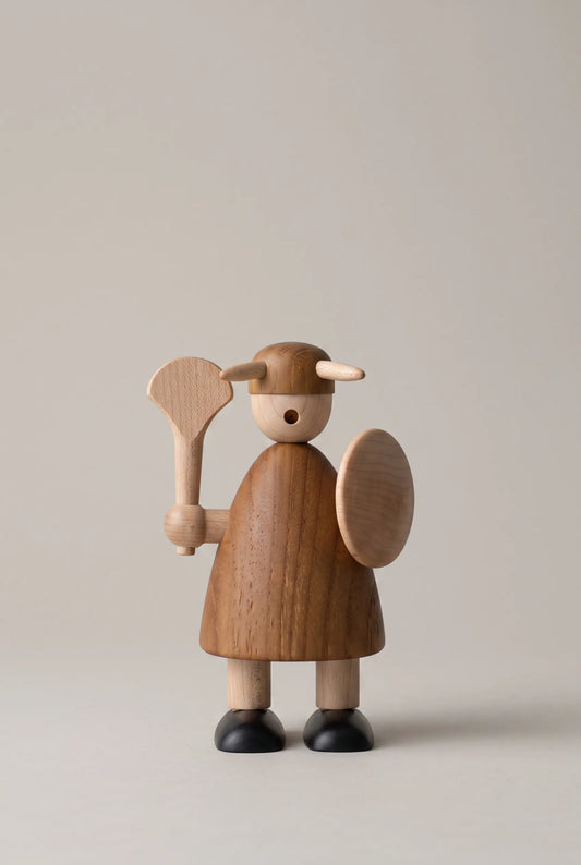 Nordic Mythos Viking Wood Sculpture crafted from Solid Teak and Natural Maple Wood, featuring glare-free matte surface under diffused overhead studio illumination.