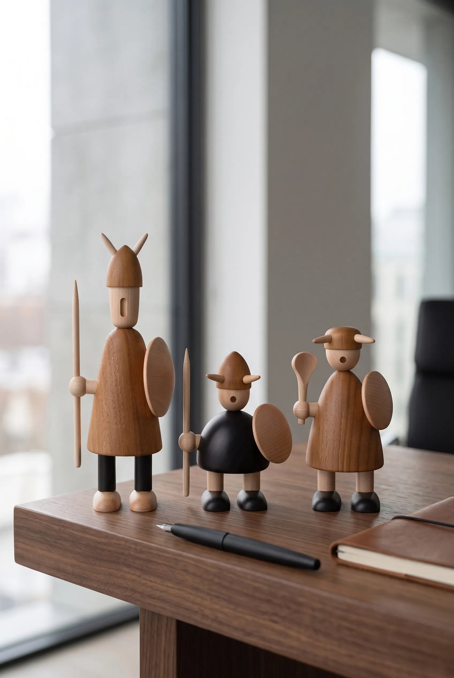 Nordic Mythos Viking Wood Sculptures crafted from Solid Teak and Natural Maple with Glare-free matte natural oil finish, positioned on a dark walnut executive desktop with muted environmental tones.