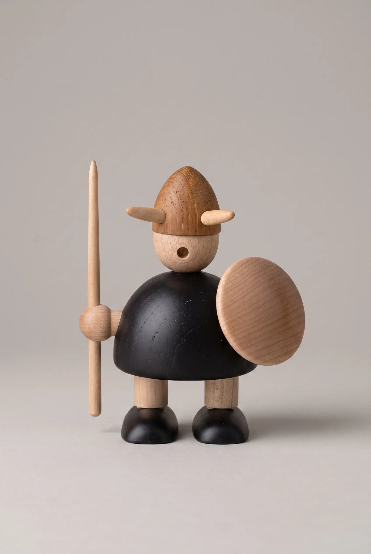 Nordic Mythos Viking Wood Sculpture crafted from solid teak and natural maple wood, featuring glare-free matte natural wood finish surface under diffused overhead studio illumination.